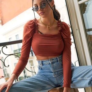 Mesh Tan crop top high sleeves